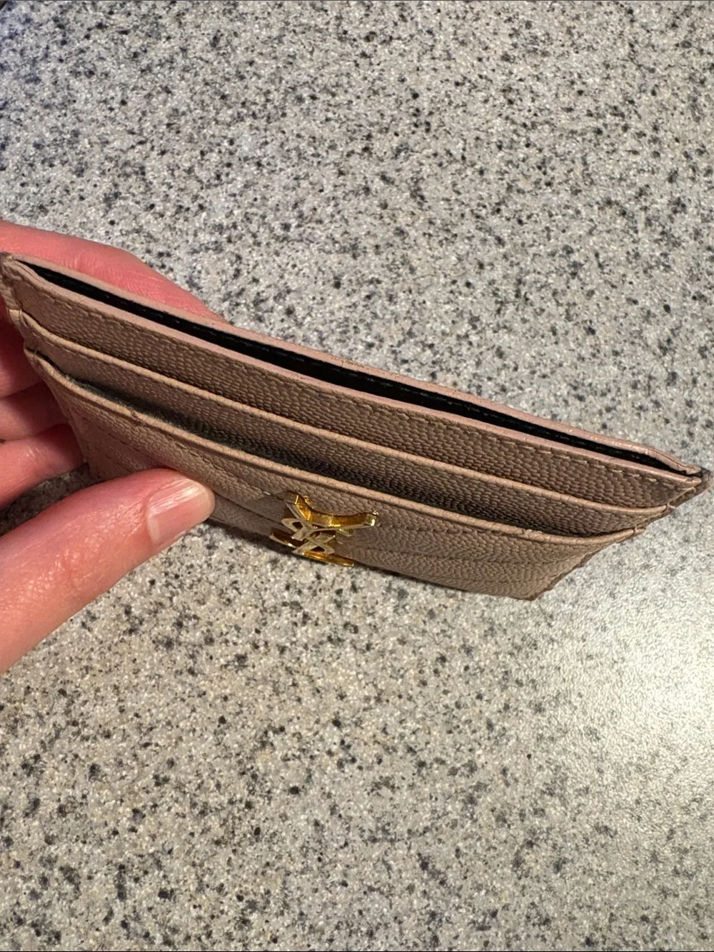 Saint Laurent Beige Leather Card Holder with Gold YSL Logo